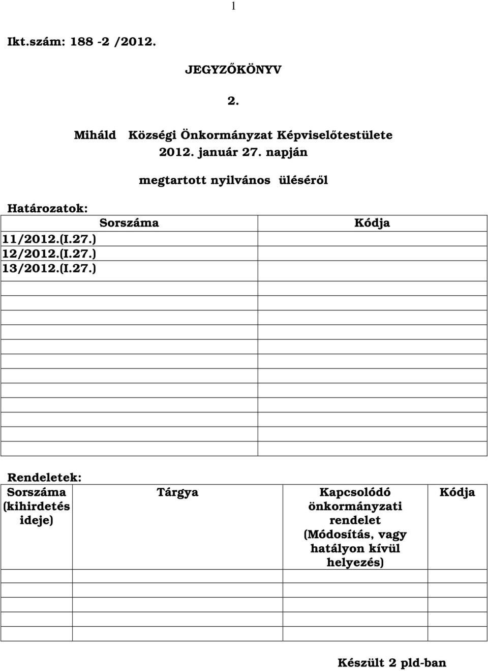 napján megtartott nyilvános üléséről Határozatok: 11/2012.(I.27.) 12/2012.(I.27.) 13/2012.