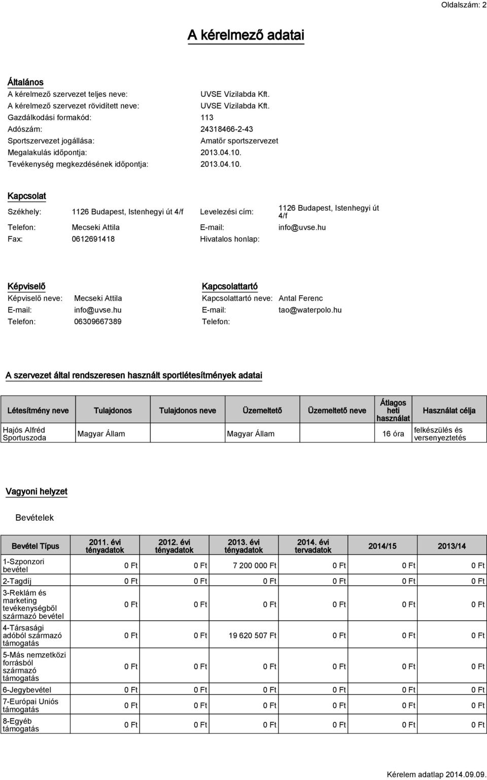 Tevékenység megkezdésének időpontja: 2013.04.10. Kapcsolat Székhely: 1126 Budapest, Istenhegyi út 4/f Levelezési cím: Telefon: Mecseki Attila E-mail: info@uvse.