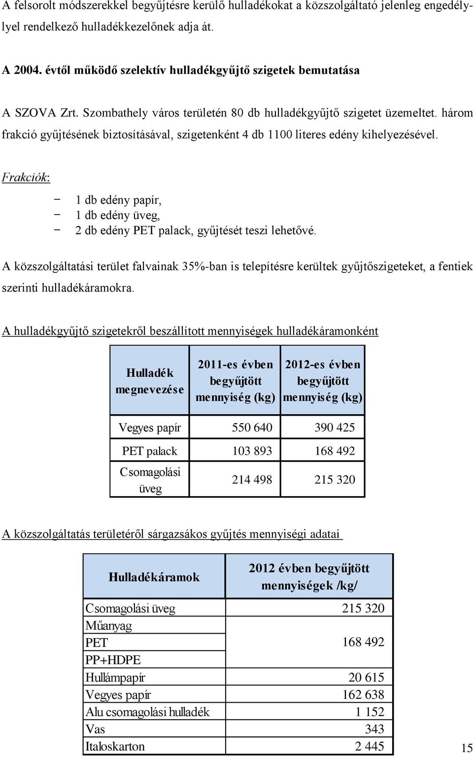 három frakció gyűjtésének biztosításával, szigetenként 4 db 1100 literes edény kihelyezésével. Frakciók: 1 db edény papír, 1 db edény üveg, 2 db edény PET palack, gyűjtését teszi lehetővé.