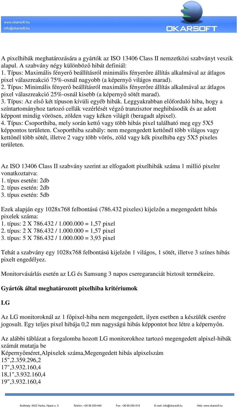 Típus: Minimális fényerő beállításról maximális fényerőre állítás alkalmával az átlagos pixel válaszreakció 25%-osnál kisebb (a képernyő sötét marad). 3. Típus: Az első két típuson kívüli egyéb hibák.