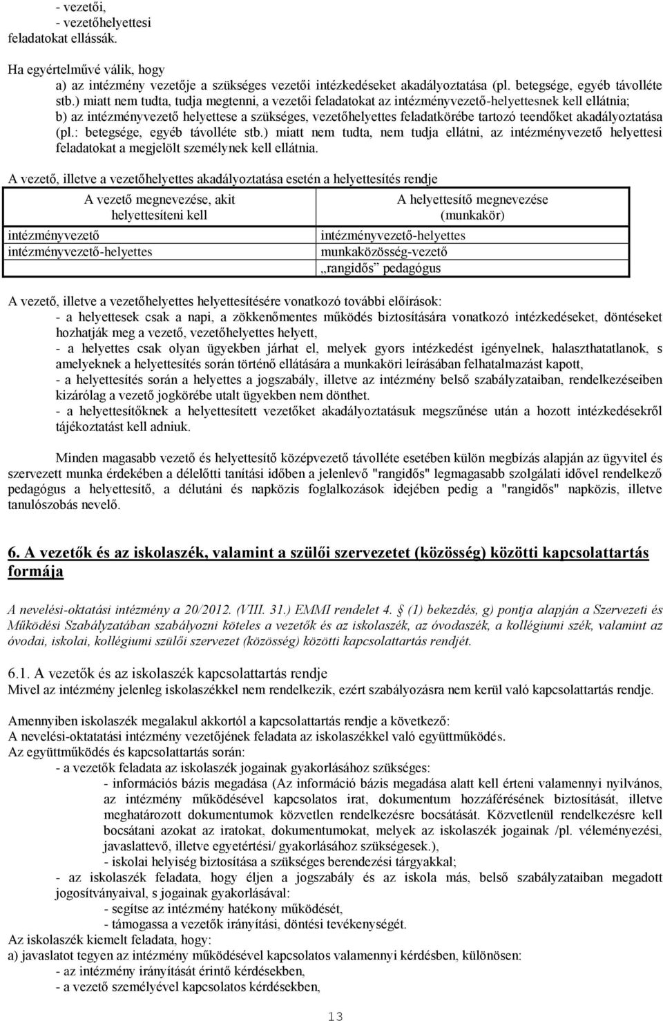 akadályoztatása (pl.: betegsége, egyéb távolléte stb.) miatt nem tudta, nem tudja ellátni, az intézményvezető helyettesi feladatokat a megjelölt személynek kell ellátnia.