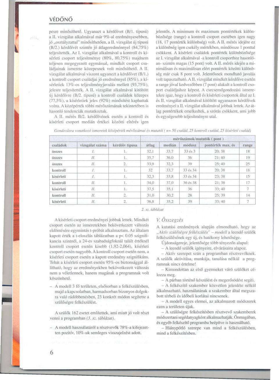 vizsgálat alkalmával a kontroll és kísérleti csoport teljesítménye (80%, 80,75%) majdnem teljesen megegyezett egymással, mindkét csoport családjainak ismerete közepesnek volt minosítheto. A.