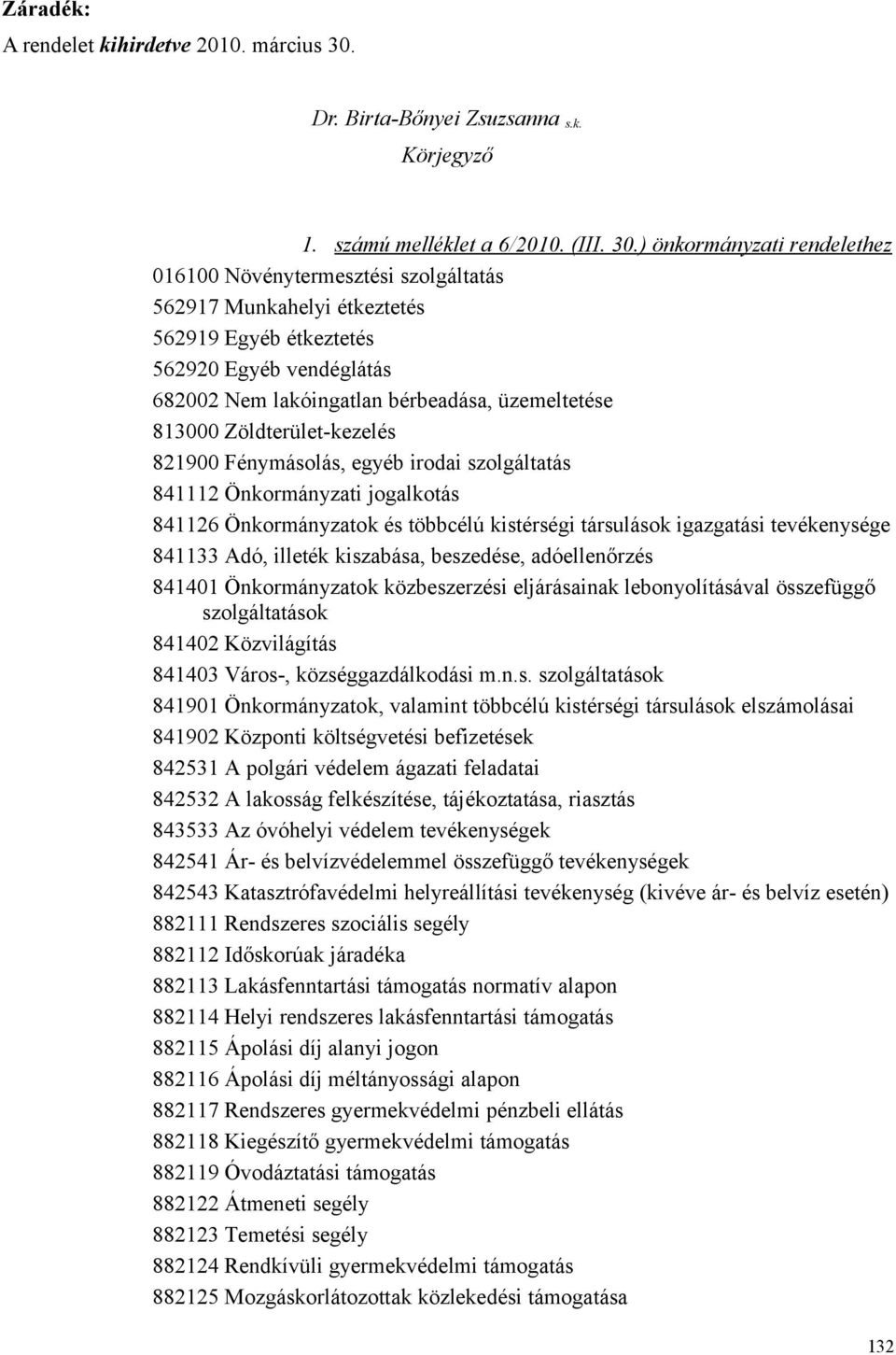 ) önkormányzati rendelethez 016100 Növénytermesztési szolgáltatás 562917 Munkahelyi étkeztetés 562919 Egyéb étkeztetés 562920 Egyéb vendéglátás 682002 Nem lakóingatlan bérbeadása, üzemeltetése 813000