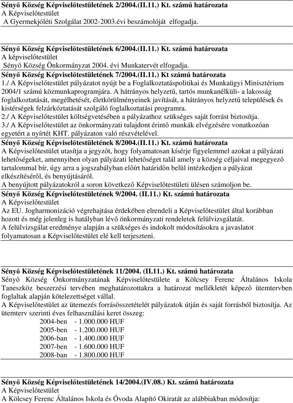 számú határozata A Gyermekjóléti Szolgálat 2002-2003.évi beszámolóját elfogadja. Sényő Község Képviselőtestületének 6/2004.(II.11.) Kt.