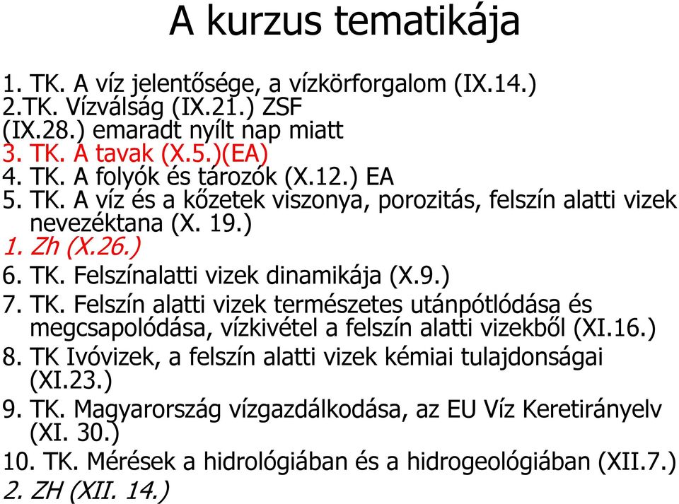 16.) 8. TK Ivóvizek, a felszín alatti vizek kémiai tulajdonságai (XI.23.) 9. TK. Magyarország vízgazdálkodása, az EU Víz Keretirányelv (XI. 30.) 10. TK. Mérések a hidrológiában és a hidrogeológiában (XII.