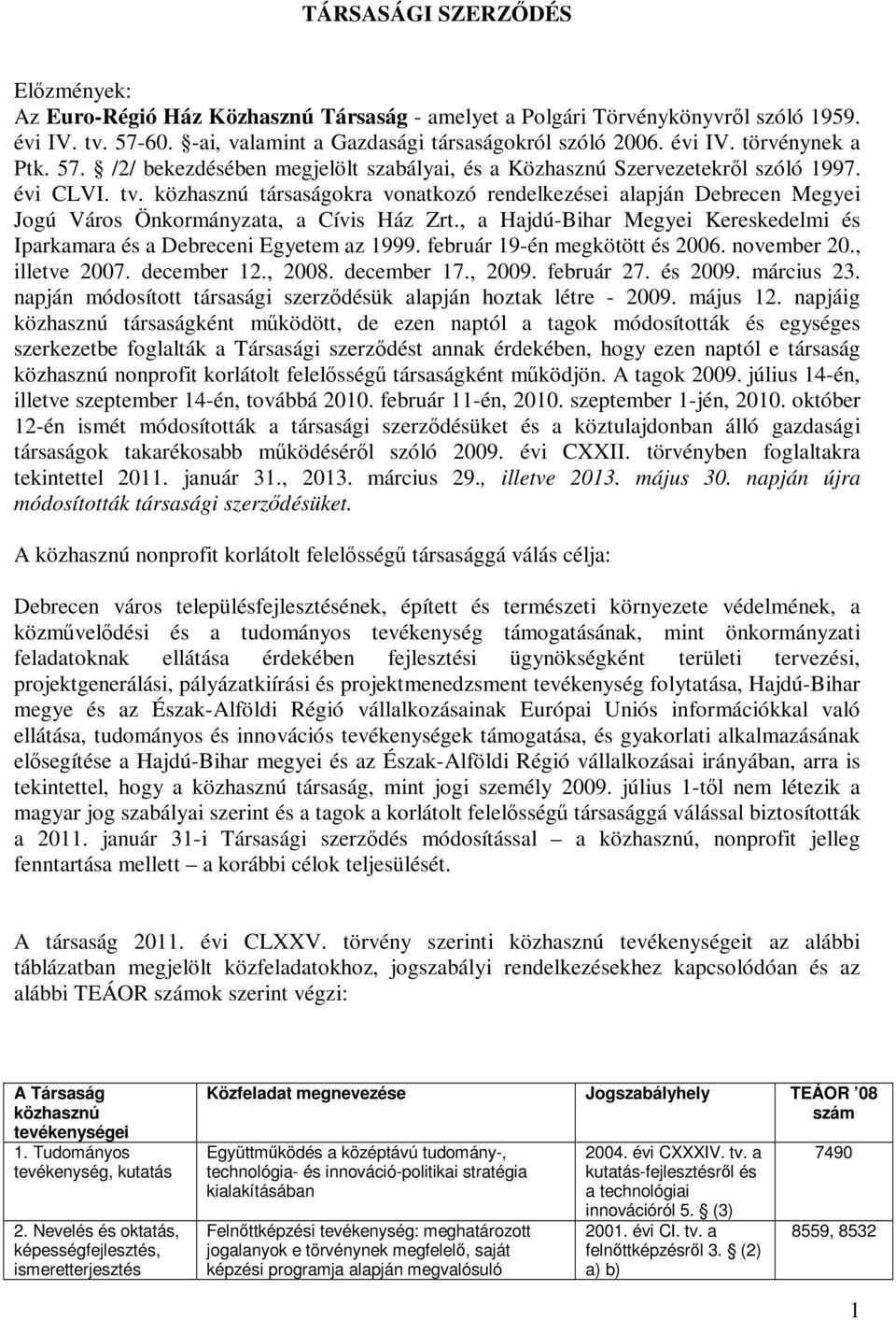 közhasznú társaságokra vonatkozó rendelkezései alapján Debrecen Megyei Jogú Város Önkormányzata, a Cívis Ház Zrt., a Hajdú-Bihar Megyei Kereskedelmi és Iparkamara és a Debreceni Egyetem az 1999.