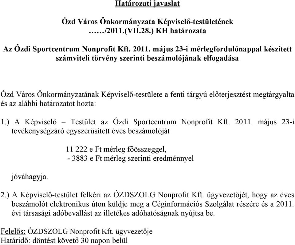 határozatot hozta: 1.) A Képviselő Testület az Ózdi Sportcentrum Nonprofit Kft. 2011. május 23-i tevékenységzáró egyszerűsített éves beszámolóját jóváhagyja.