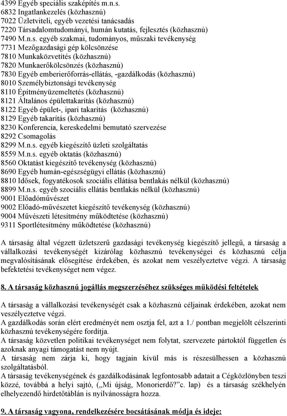 szaképítés m.n.s. 6832 Ingatlankezelés (közhasznú) 7022 Üzletviteli, egyéb vezetési tanácsadás 7220 Társadalomtudományi, humán kutatás, fejlesztés (közhasznú) 7490 M.n.s. egyéb szakmai, tudományos,