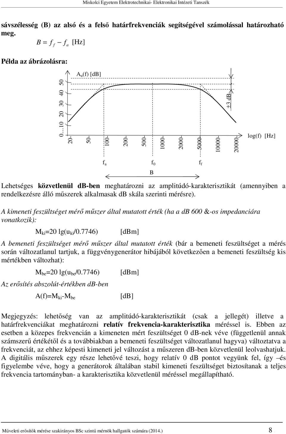 amplitúdó-karakterisztikát (amennyiben a rendelkezésre álló műszerek alkalmasak db skála szerinti mérésre).