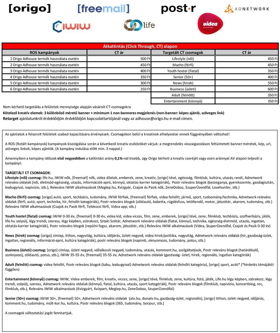 használata esetén 300 Ft News (hírek) 550 Ft 6 Origo Adhouse termék használata esetén 250 Ft Business (üzleti) 600 Ft Nem kérhető targetálás a felületek mennyisége alapján vásárolt CT-csomagokra