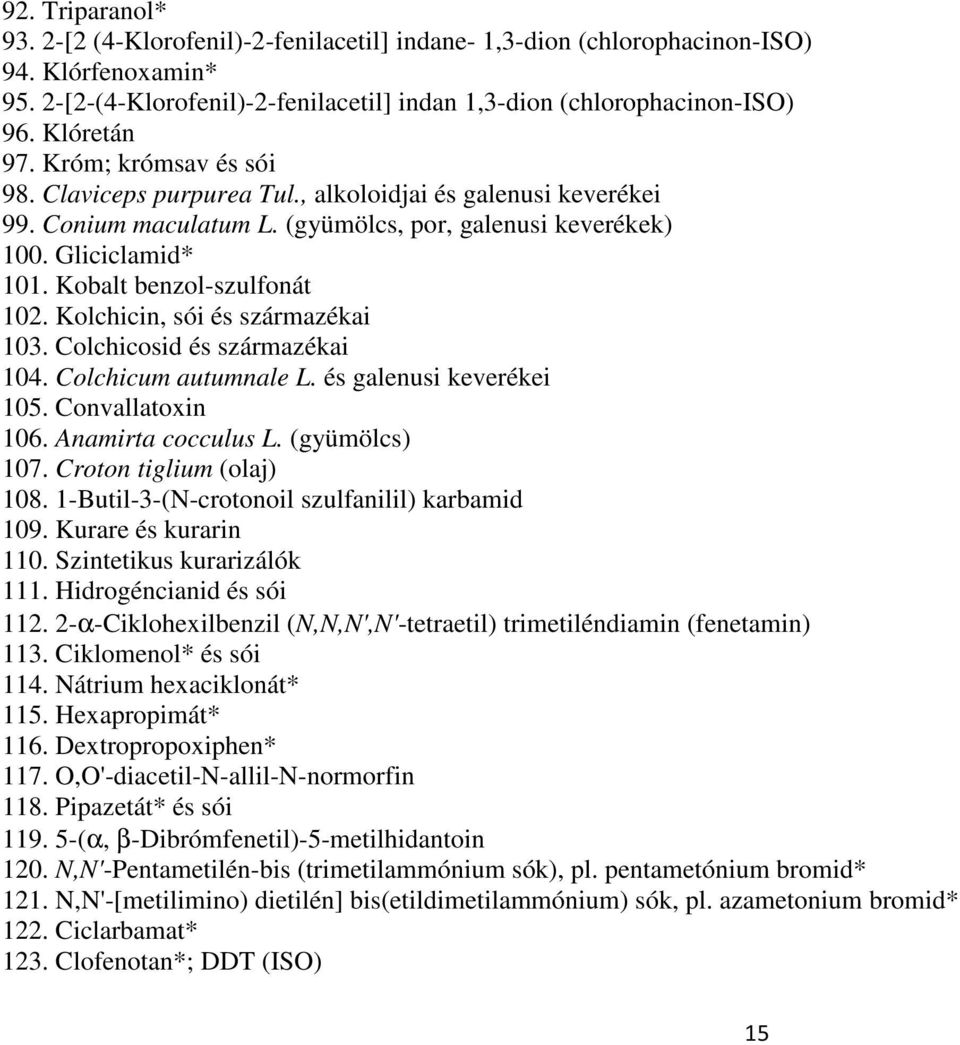 Kobalt benzol-szulfonát 102. Kolchicin, sói és származékai 103. Colchicosid és származékai 104. Colchicum autumnale L. és galenusi keverékei 105. Convallatoxin 106. Anamirta cocculus L.