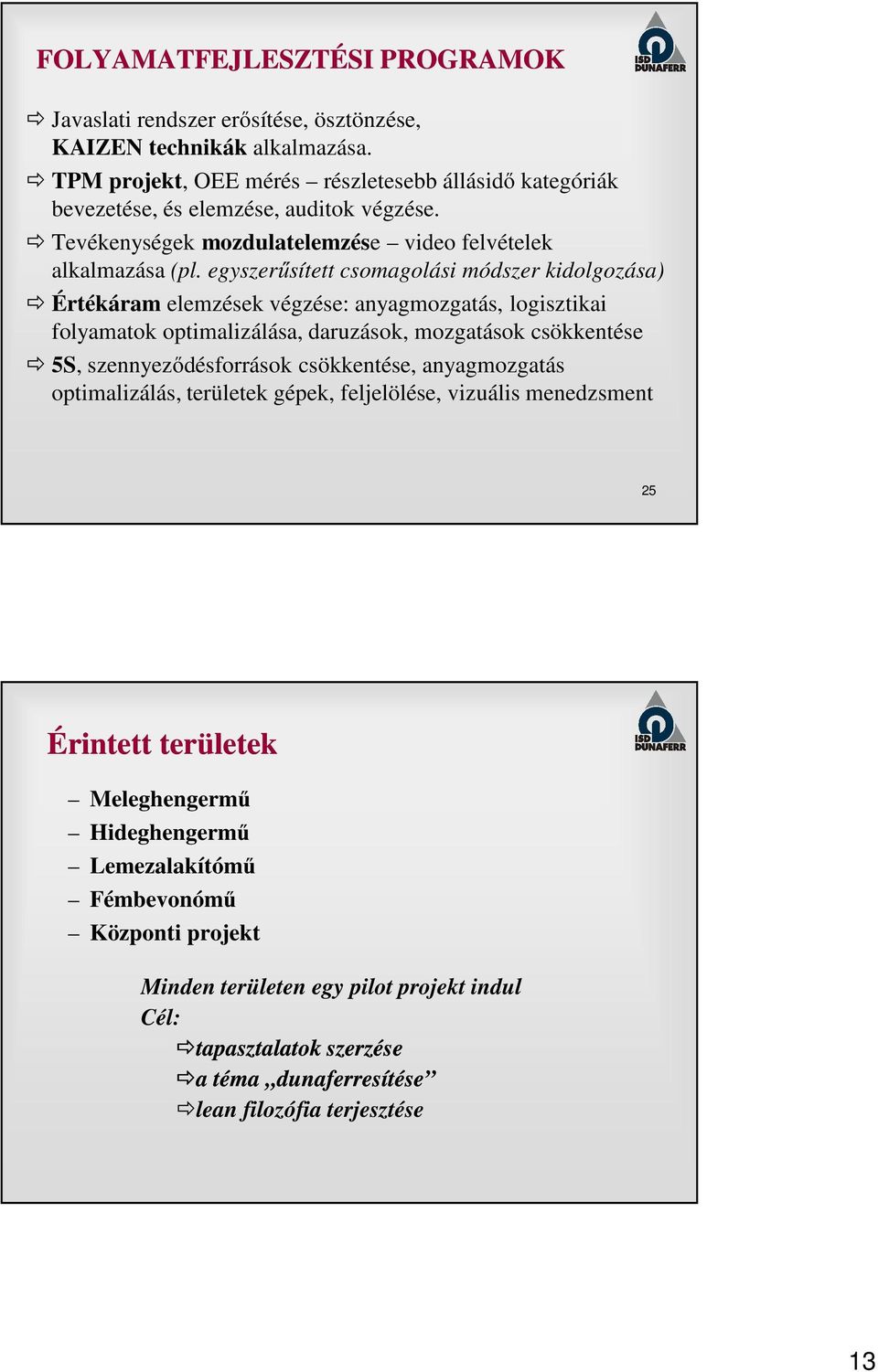 egyszerűsített csomagolási módszer kidolgozása) Értékáram elemzések végzése: anyagmozgatás, logisztikai folyamatok optimalizálása, daruzások, mozgatások csökkentése 5S, szennyeződésforrások