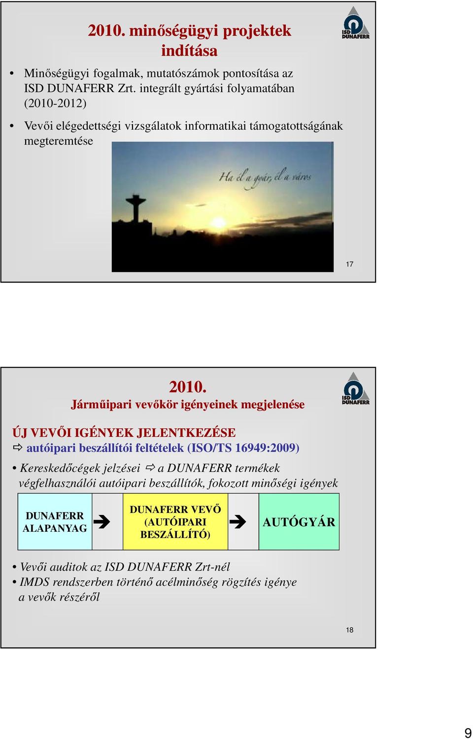 Járműipari vevőkör igényeinek megjelenése ÚJ VEVŐI IGÉNYEK JELENTKEZÉSE autóipari beszállítói feltételek (ISO/TS 16949:2009) Kereskedőcégek jelzései a DUNAFERR