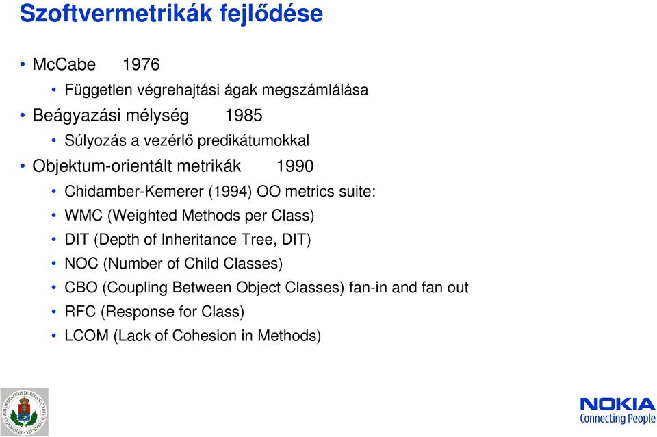 suite: WMC (Weighted Methods per Class) DIT (Depth of Inheritance Tree, DIT) NOC (Number of Child Classes)