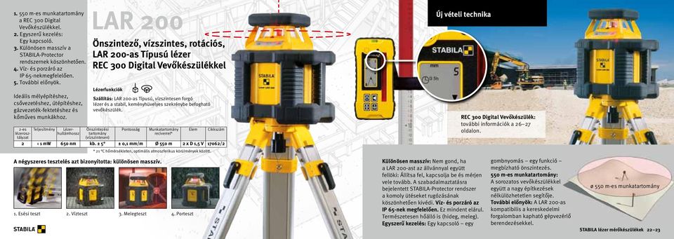 LAR 200 Önszintező, vízszintes, rotációs, LAR 200-as Típusú lézer REC 300 Digital Vevőkészülékkel Lézerfunkciók Szállítás: LAR 200-as Típusú, vízszintesen forgó lézer és a stabil, keményhüvelyes