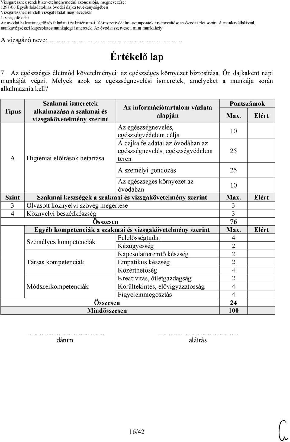 Típus A Szakmai ismeretek alkalmazása a szakmai és vizsgakövetelmény szerint Higiéniai előírások betartása Az információtartalom vázlata alapján Az egészségnevelés, egészségvédelem célja A dajka