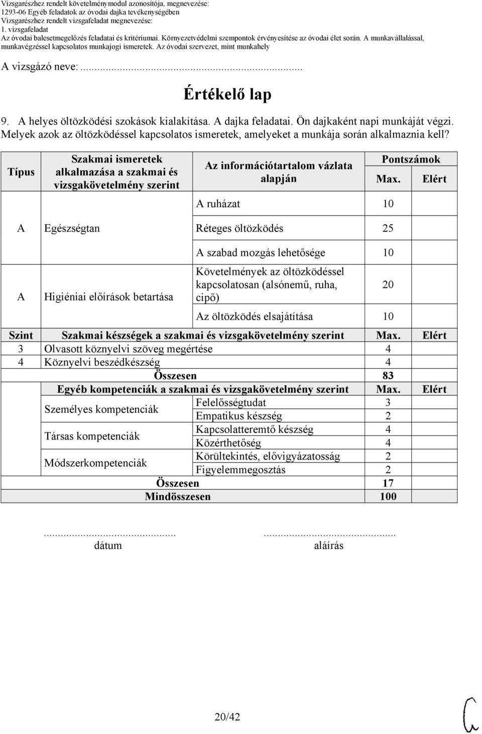 Típus A Szakmai ismeretek alkalmazása a szakmai és vizsgakövetelmény szerint Egészségtan Az információtartalom vázlata alapján Pontszámok Max.