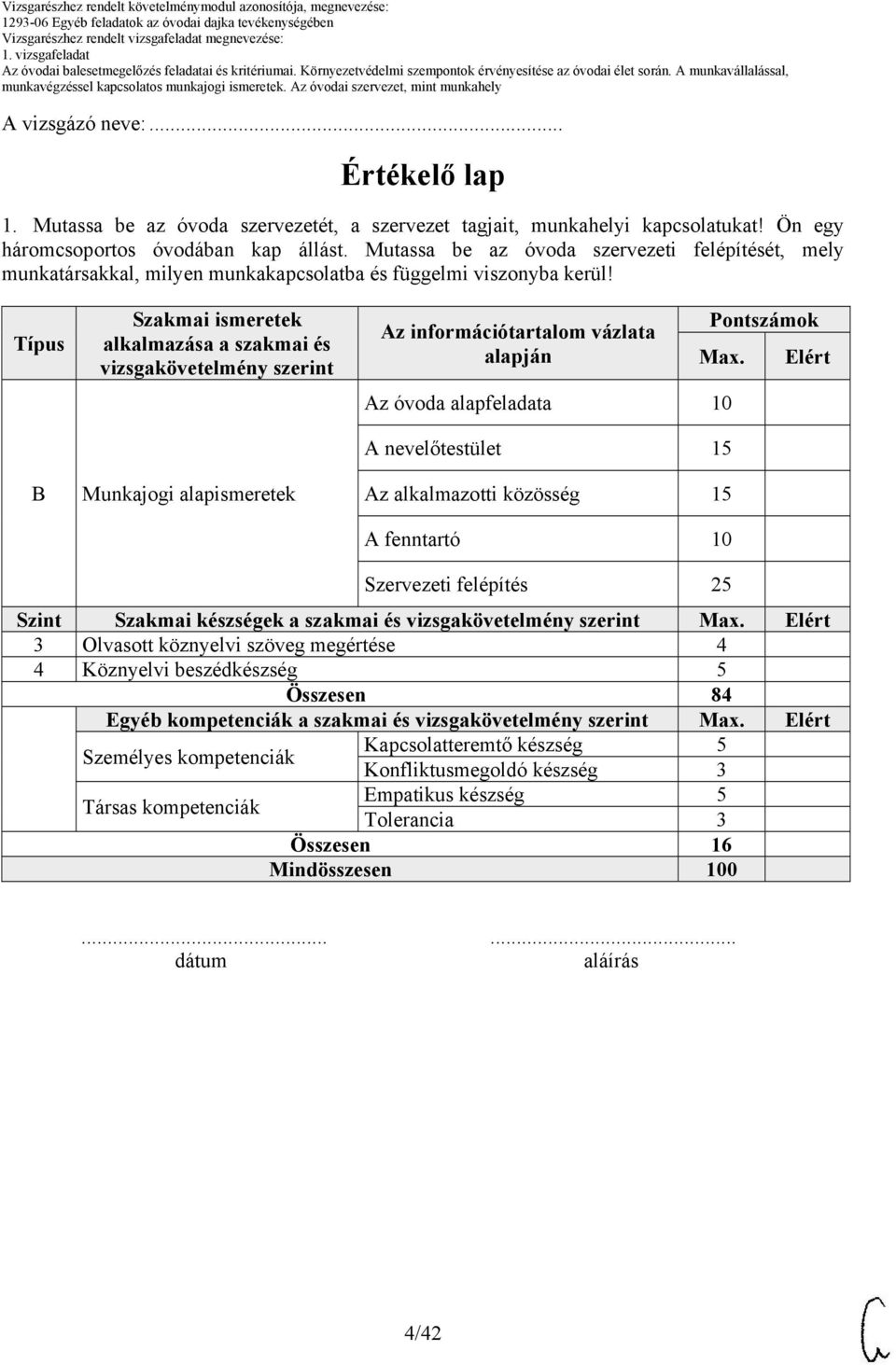 Típus B Szakmai ismeretek alkalmazása a szakmai és vizsgakövetelmény szerint Munkajogi alapismeretek Az információtartalom vázlata alapján Pontszámok Max.