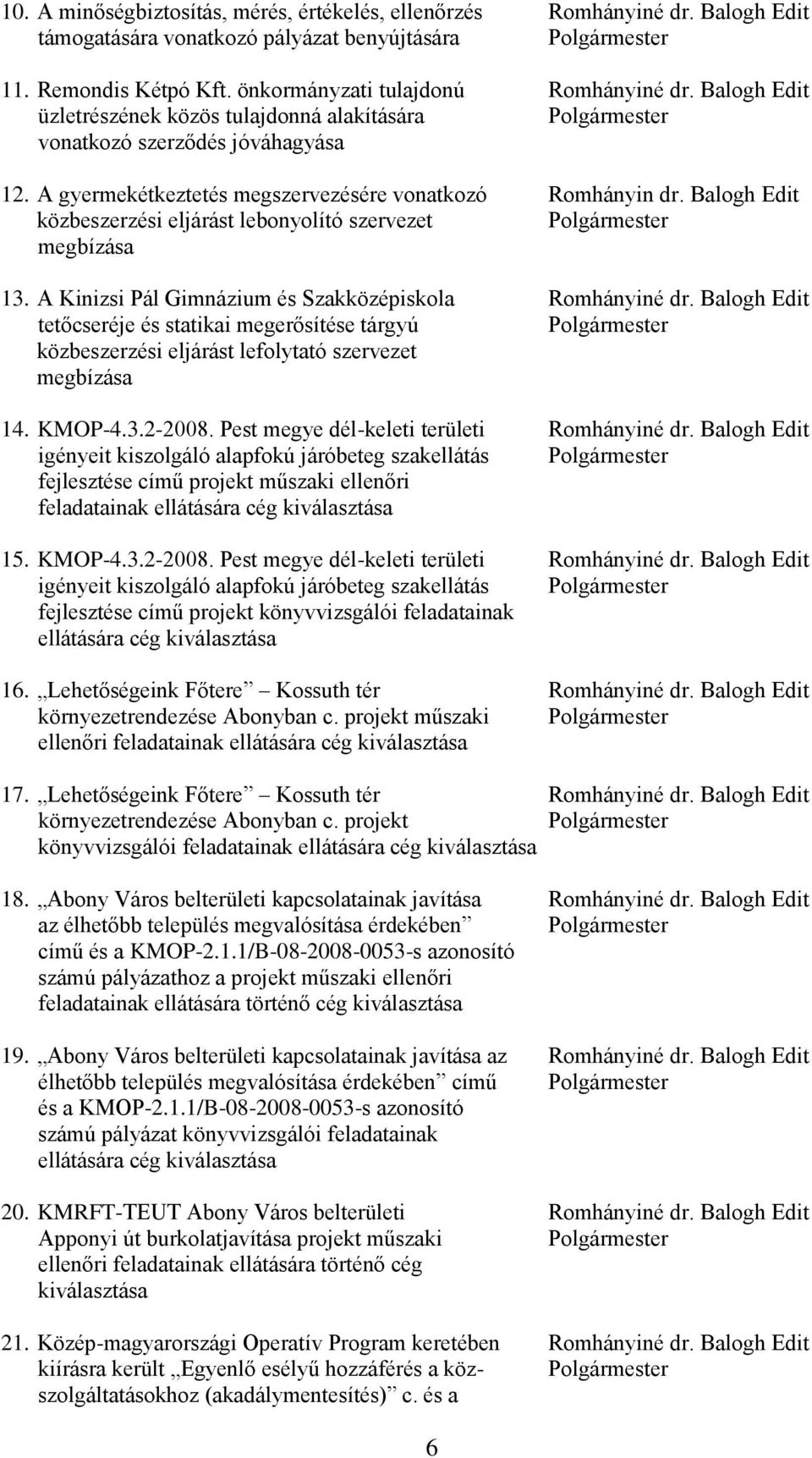 A gyermekétkeztetés megszervezésére vonatkozó Romhányin dr. Balogh Edit közbeszerzési eljárást lebonyolító szervezet Polgármester megbízása 13.