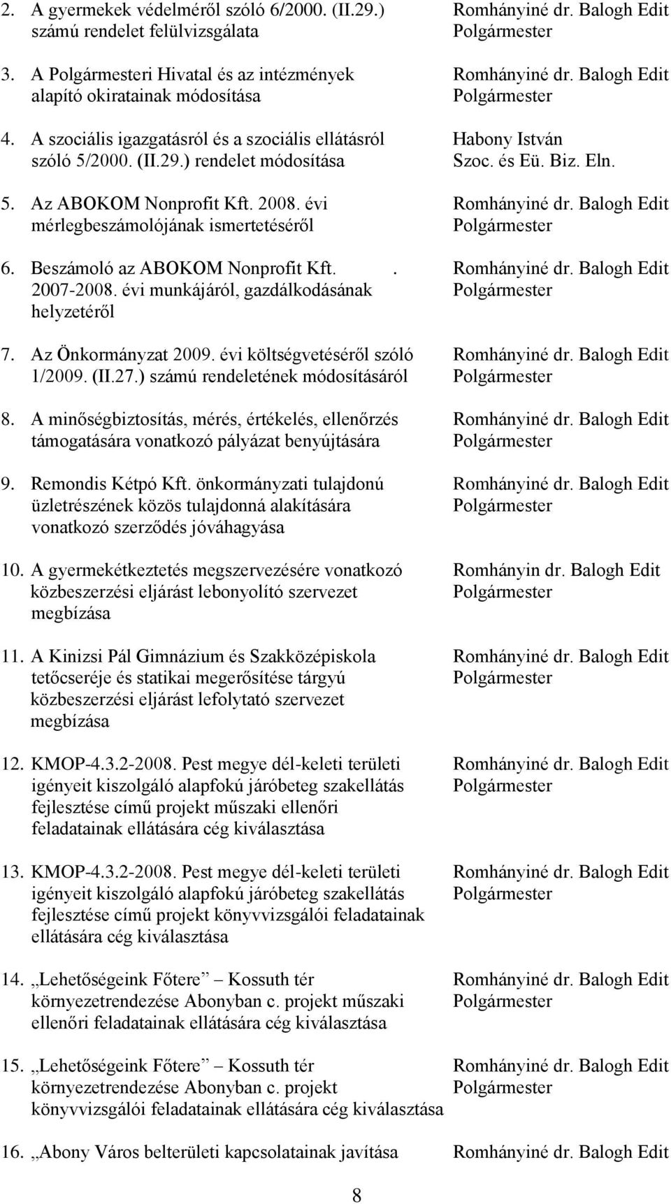 2008. évi Romhányiné dr. Balogh Edit mérlegbeszámolójának ismertetéséről Polgármester 6. Beszámoló az ABOKOM Nonprofit Kft.. Romhányiné dr. Balogh Edit 2007-2008.