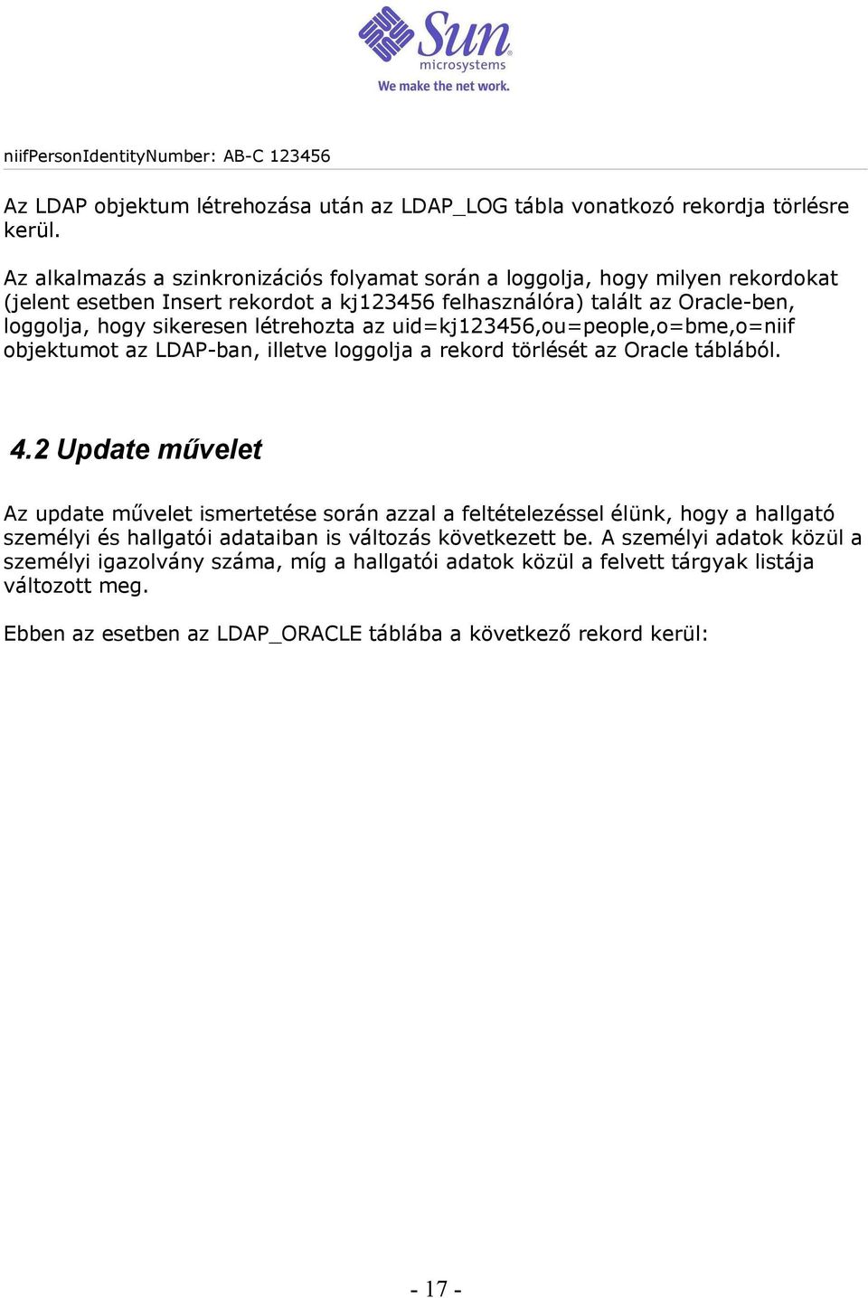 az uid=kj123456,ou=people,o=bme,o=niif objektumot az LDAP-ban, illetve loggolja a rekord törlését az Oracle táblából. 4.