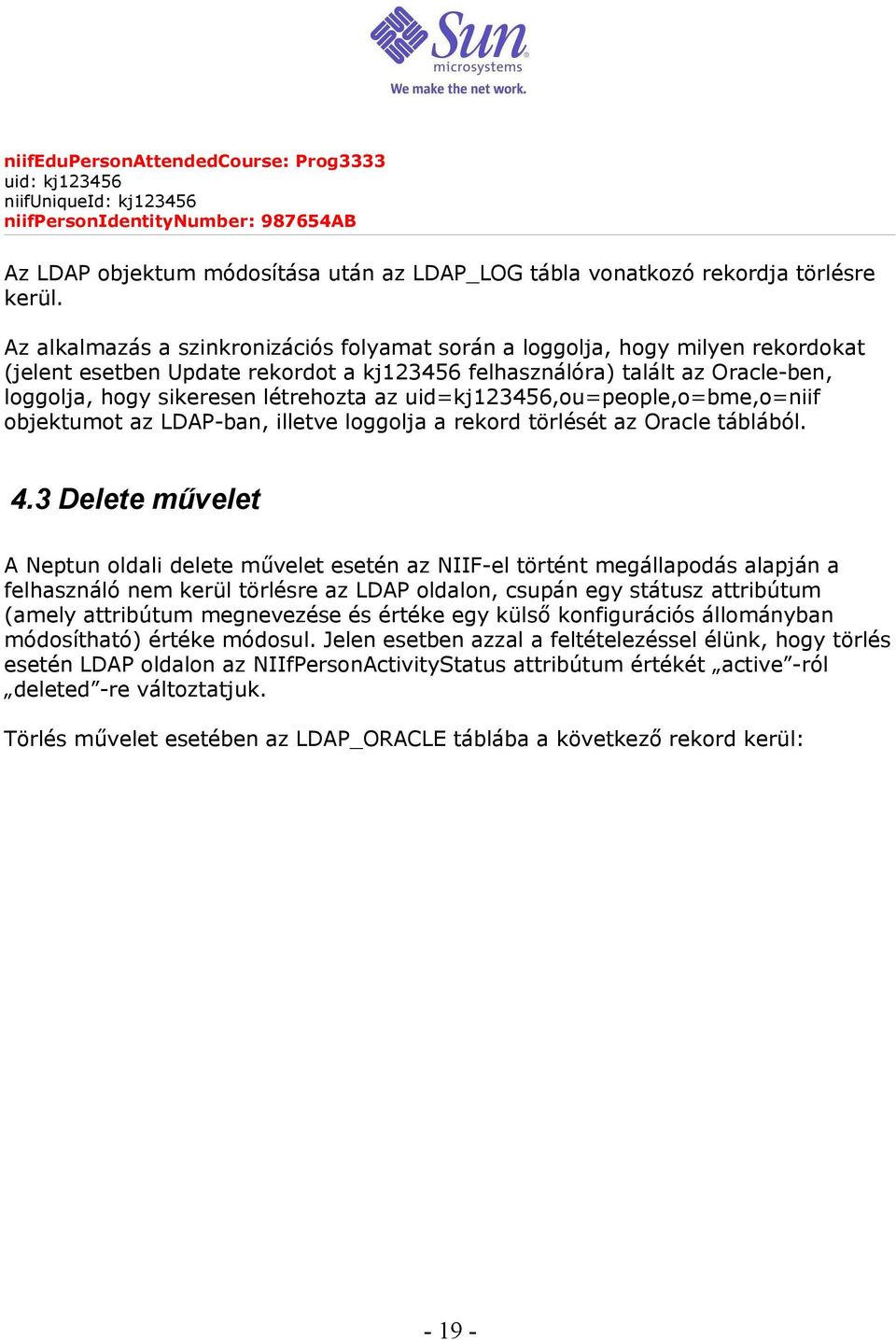 az uid=kj123456,ou=people,o=bme,o=niif objektumot az LDAP-ban, illetve loggolja a rekord törlését az Oracle táblából. 4.