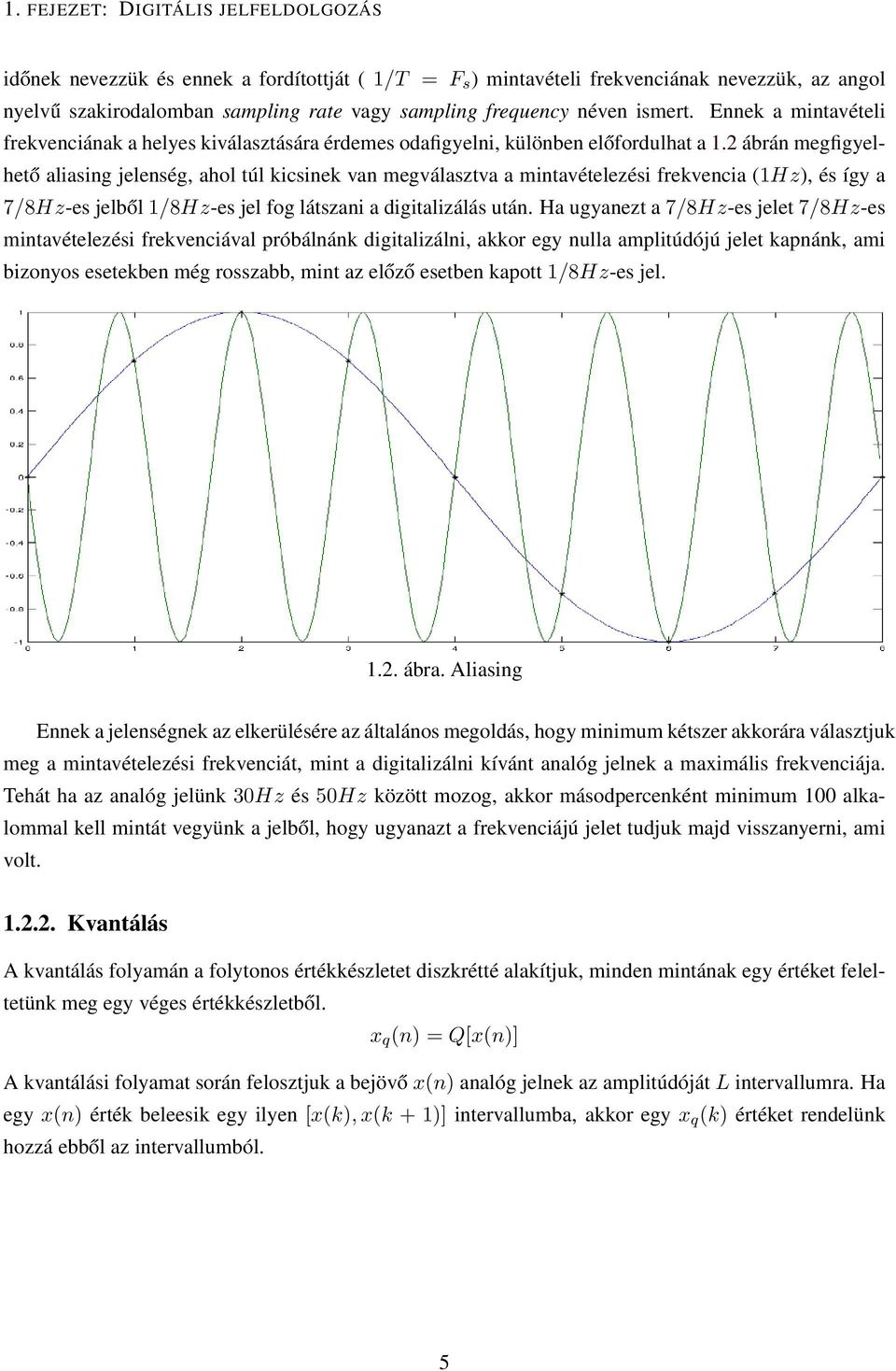 2 ábrán megfigyelhető aliasing jelenség, ahol túl kicsinek van megválasztva a mintavételezési frekvencia (1Hz), és így a 7/8Hz-es jelből 1/8Hz-es jel fog látszani a digitalizálás után.