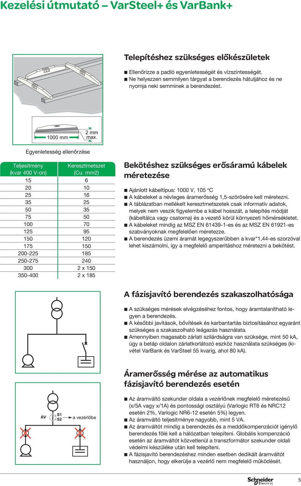 mm2) 15 6 20 10 25 16 35 25 50 35 75 50 100 70 125 95 150 120 175 150 200-225 185 250-275 240 300 2 x 150 350-400 2 x 185 Bekötéshez szükséges erősáramú kábelek méretezése b Ajánlott kábeltípus: 1000