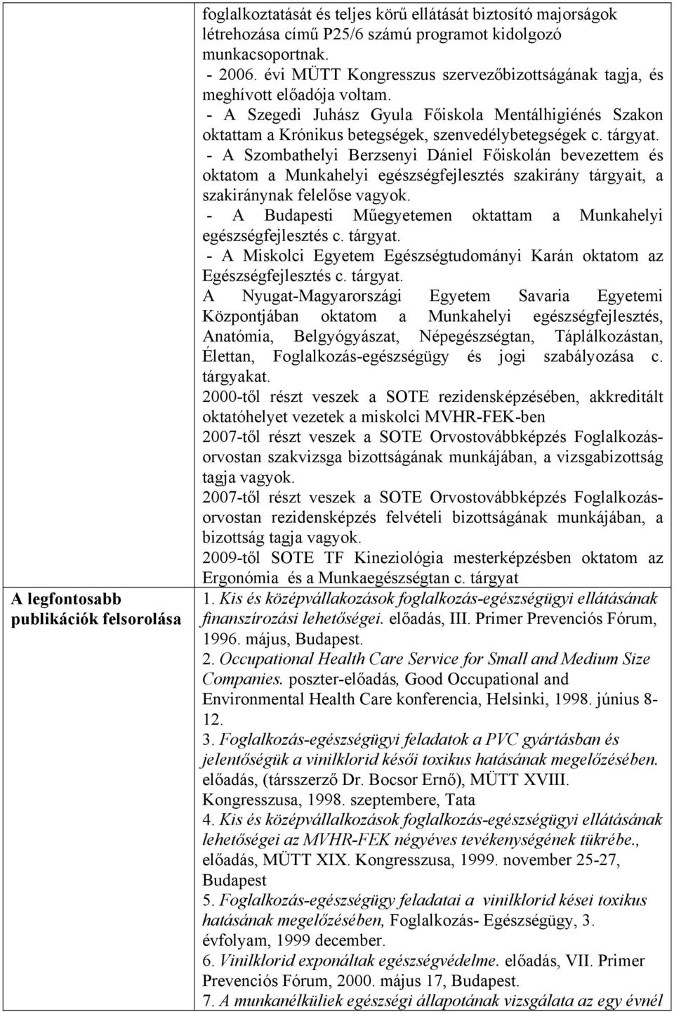 - A Szombathelyi Berzsenyi Dániel Főiskolán bevezettem és oktatom a Munkahelyi egészségfejlesztés szakirány tárgyait, a szakiránynak felelőse vagyok.