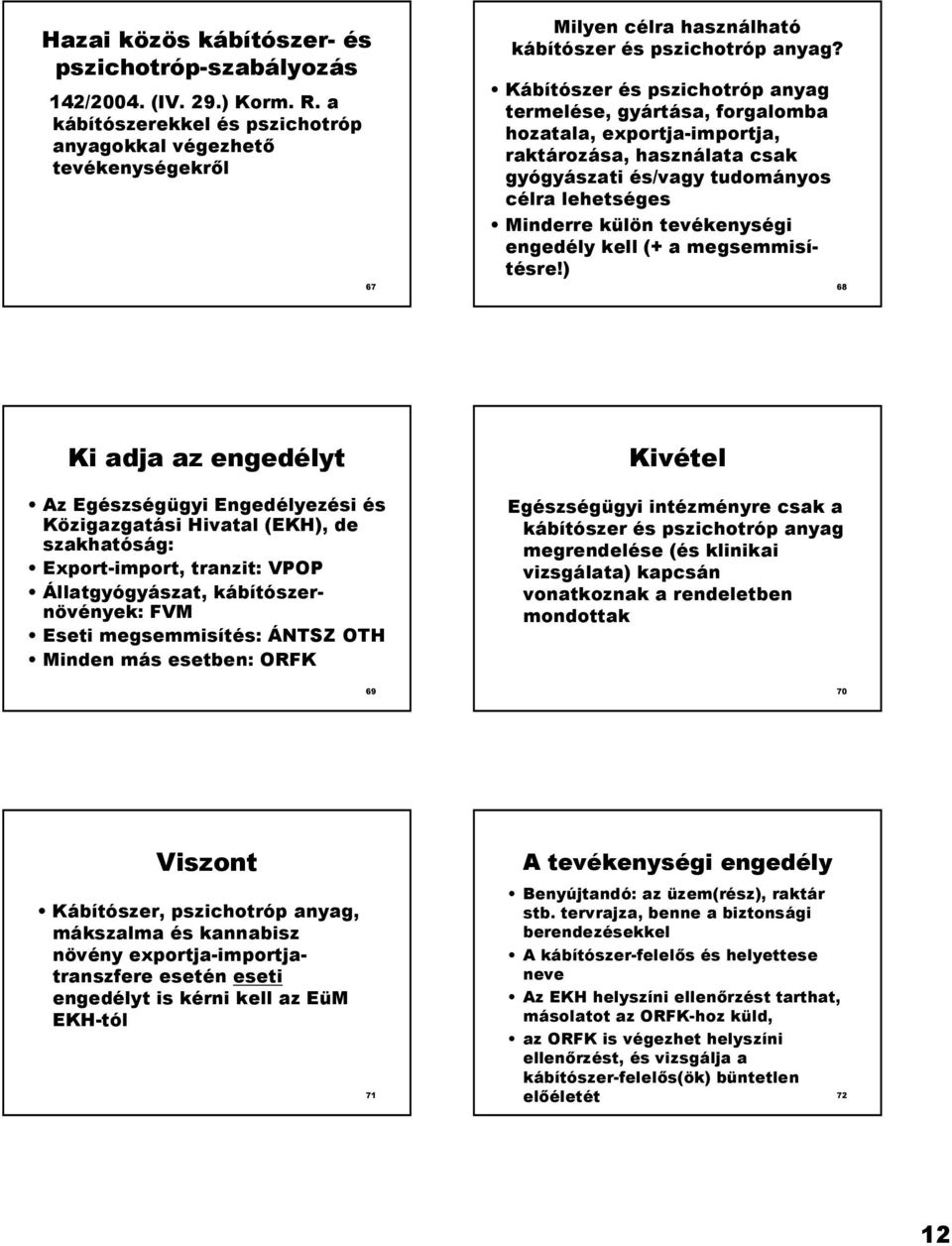 Kábítószer és pszichotróp anyag termelése, gyártása, forgalomba hozatala, exportja-importja, raktározása, használata csak gyógyászati és/vagy tudományos célra lehetséges Minderre külön tevékenységi