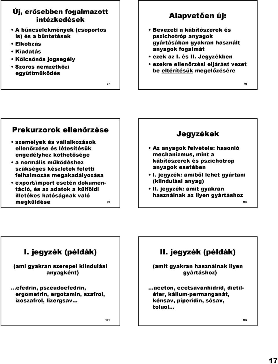 Jegyzékben ezekre ellenrzési eljárást vezet be eltérítésük megelzésére 97 98 Prekurzorok ellenrzése személyek és vállalkozások ellenrzése és létesítésük engedélyhez köthetsége a normális m=ködéshez