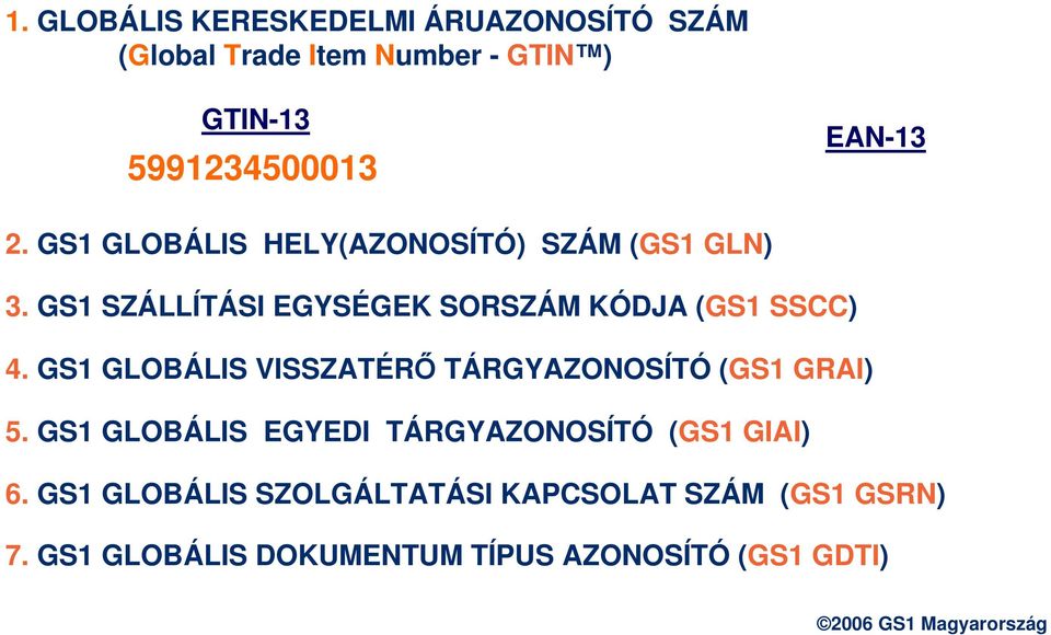 GS1 GLOBÁLIS HELY(AZONOSÍTÓ) SZÁM (GS1 GLN) 3. GS1 SZÁLLÍTÁSI EGYSÉGEK SORSZÁM KÓDJA (GS1 SSCC) 4.