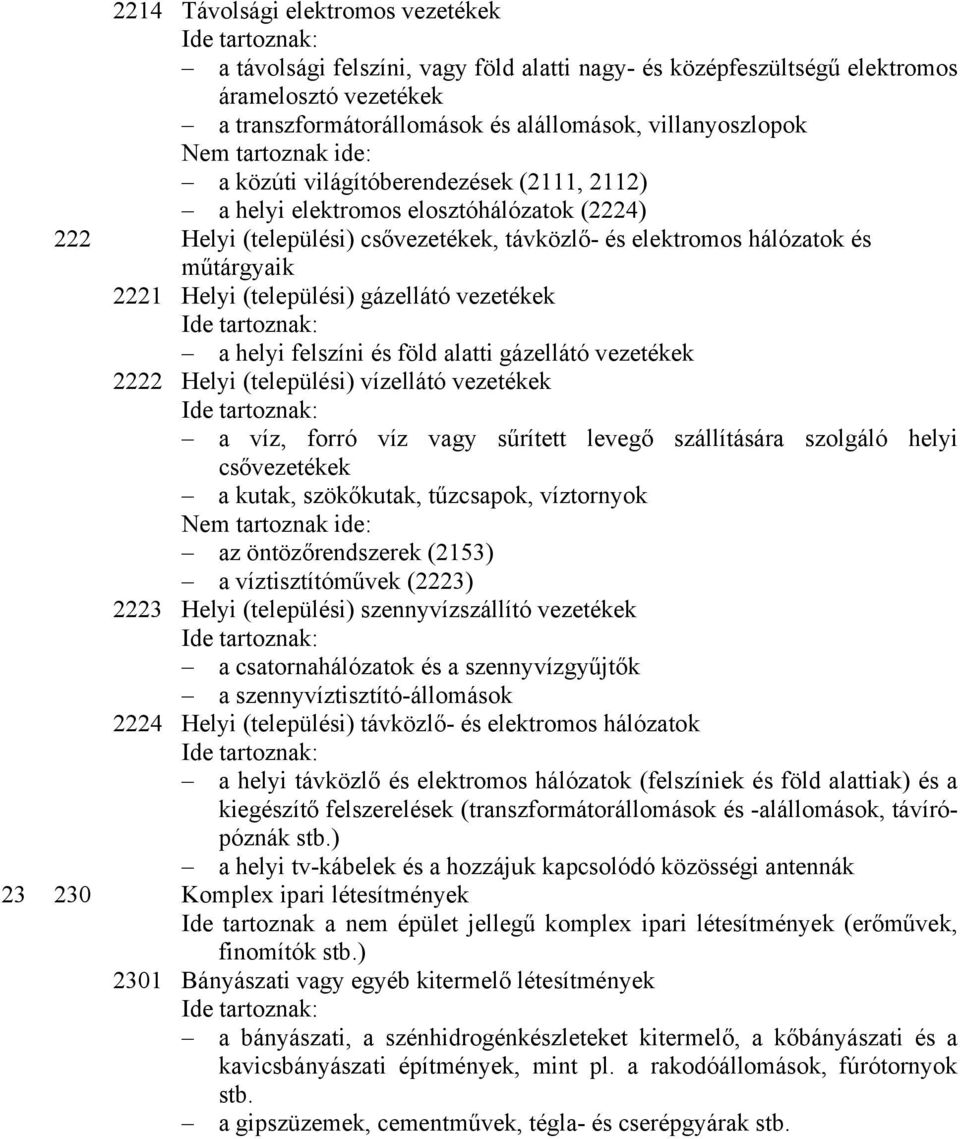 gázellátó vezetékek a helyi felszíni és föld alatti gázellátó vezetékek 2222 Helyi (települési) vízellátó vezetékek a víz, forró víz vagy sűrített levegő szállítására szolgáló helyi csővezetékek a