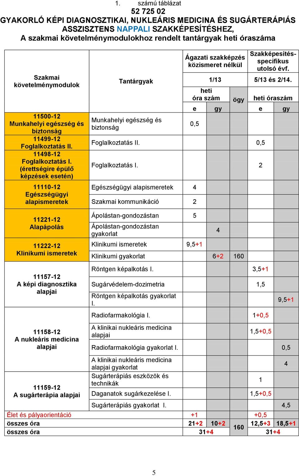 (érettségire épülő képzések esetén) 11110-12 Egészségügyi alapismeretek 11221-12 Alapápolás 11222-12 Klinikumi ismeretek Tantárgyak Munkahelyi egészség és biztonság Ágazati szakképzés közismeret