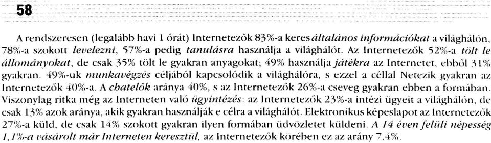 49%-uk munkavégzés céljából kapcsolódik a világhálóra, s ezzel a céllal Netezik gyakran az Internetezők 40%-a. A chatelők aránya 40%, s az Internetezők 26%-a cseveg gyakran ebben a formában.