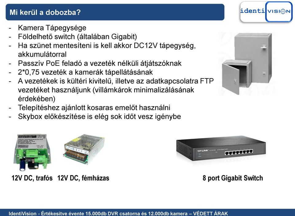 Passzív PoE feladó a vezeték nélküli átjátszóknak - 2*0,75 vezeték a kamerák tápellátásának - A vezetékek is kültéri kivitelű,