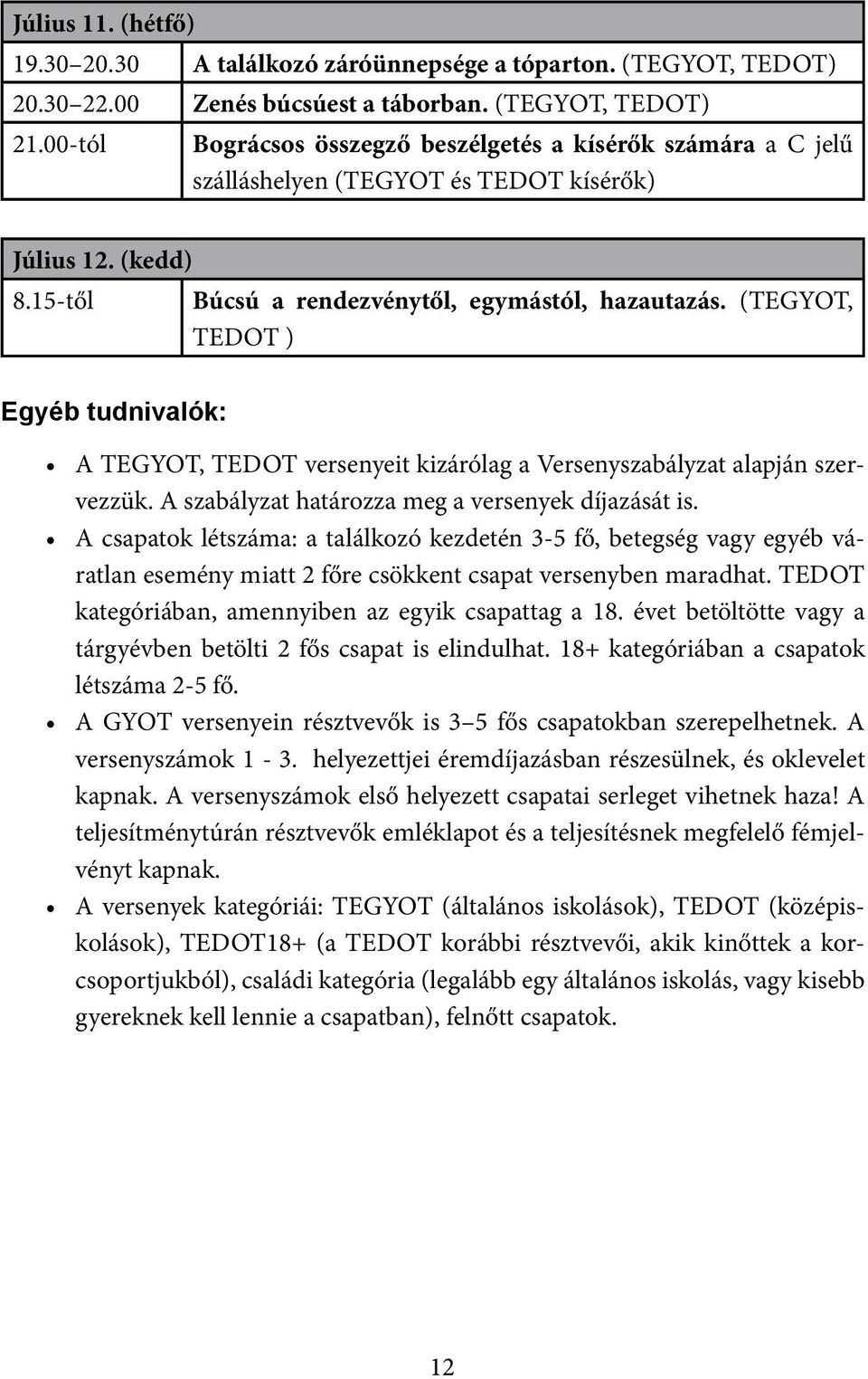 (TEGYOT, TEDOT ) Egyéb tudnivalók: A TEGYOT, TEDOT versenyeit kizárólag a Versenyszabályzat alapján szervezzük. A szabályzat határozza meg a versenyek díjazását is.