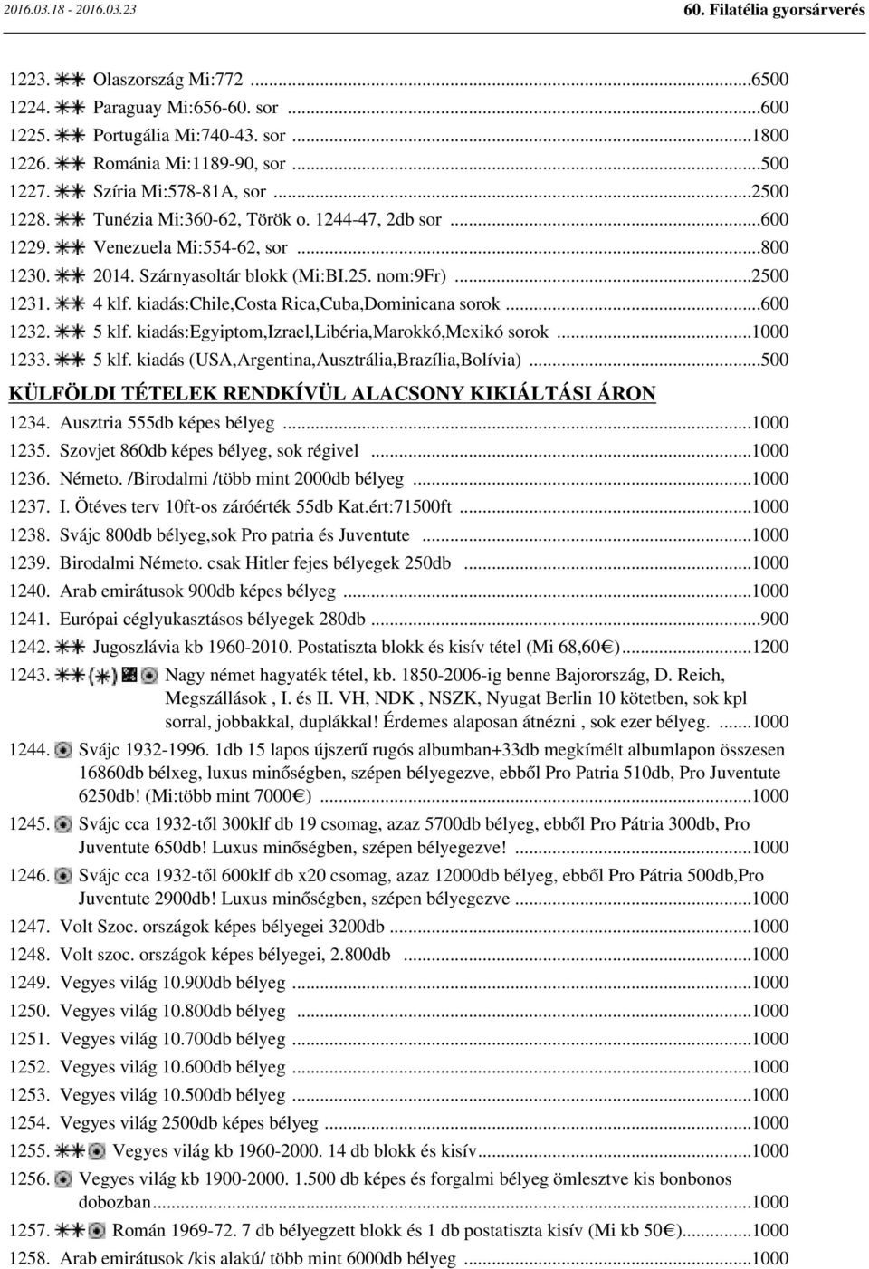 kiadás:chile,costa Rica,Cuba,Dominicana sorok...600 1232. 5 klf. kiadás:egyiptom,izrael,libéria,marokkó,mexikó sorok...1000 1233. 5 klf. kiadás (USA,Argentina,Ausztrália,Brazília,Bolívia).