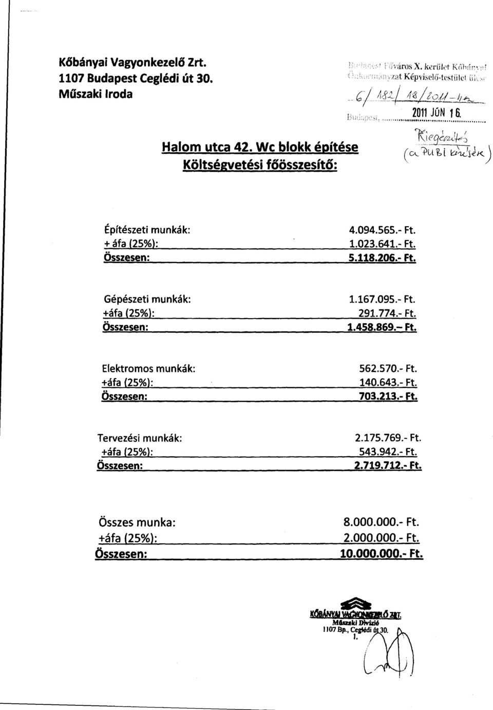 1.023.641.- Ft. 5.118.206.- Ft. Gépészeti munkák: +áfa (25%): Összesen: 1.167.095.- Ft. 291.774.- Ft. 1.458.869.- Ft. Elektromos munkák: +áfa (25%}: Összesen: 562.570.- Ft. 140.643.- Ft. 703.213.