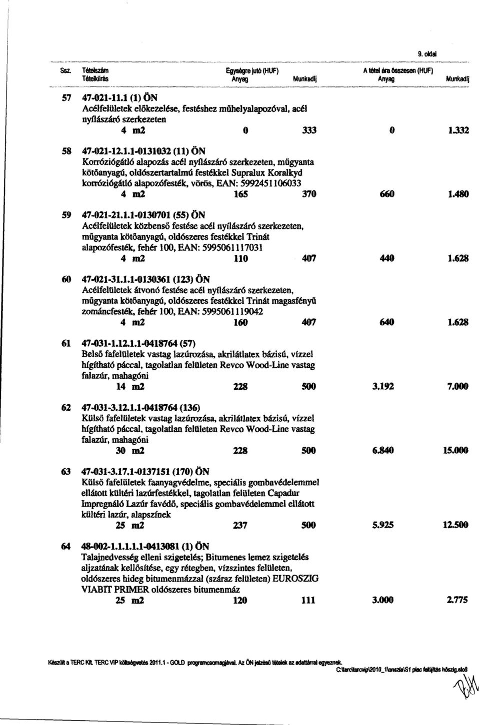 1 (l) ÖN Acélfelületek előkezelése, festéshez miihelyalapozóval, acél nyílászáro szerkezeten 4m2 o 333 o 1.332 58 47..021-12.1.1..0131032 (ll) ÖN Korróziógátló alapozás acél nyílászáró szerkezeten,