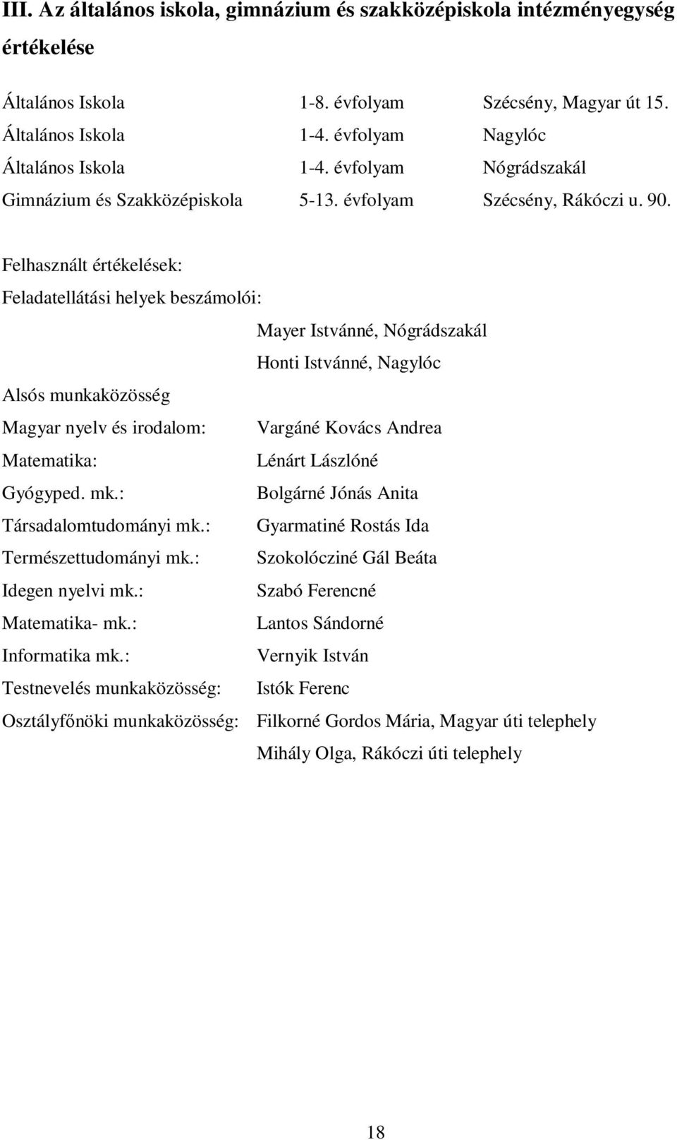 Felhasznált értékelések: Feladatellátási helyek beszámolói: Mayer Istvánné, Nógrádszakál Honti Istvánné, Nagylóc Alsós munkaközösség Magyar nyelv és irodalom: Vargáné Kovács Andrea Matematika: Lénárt