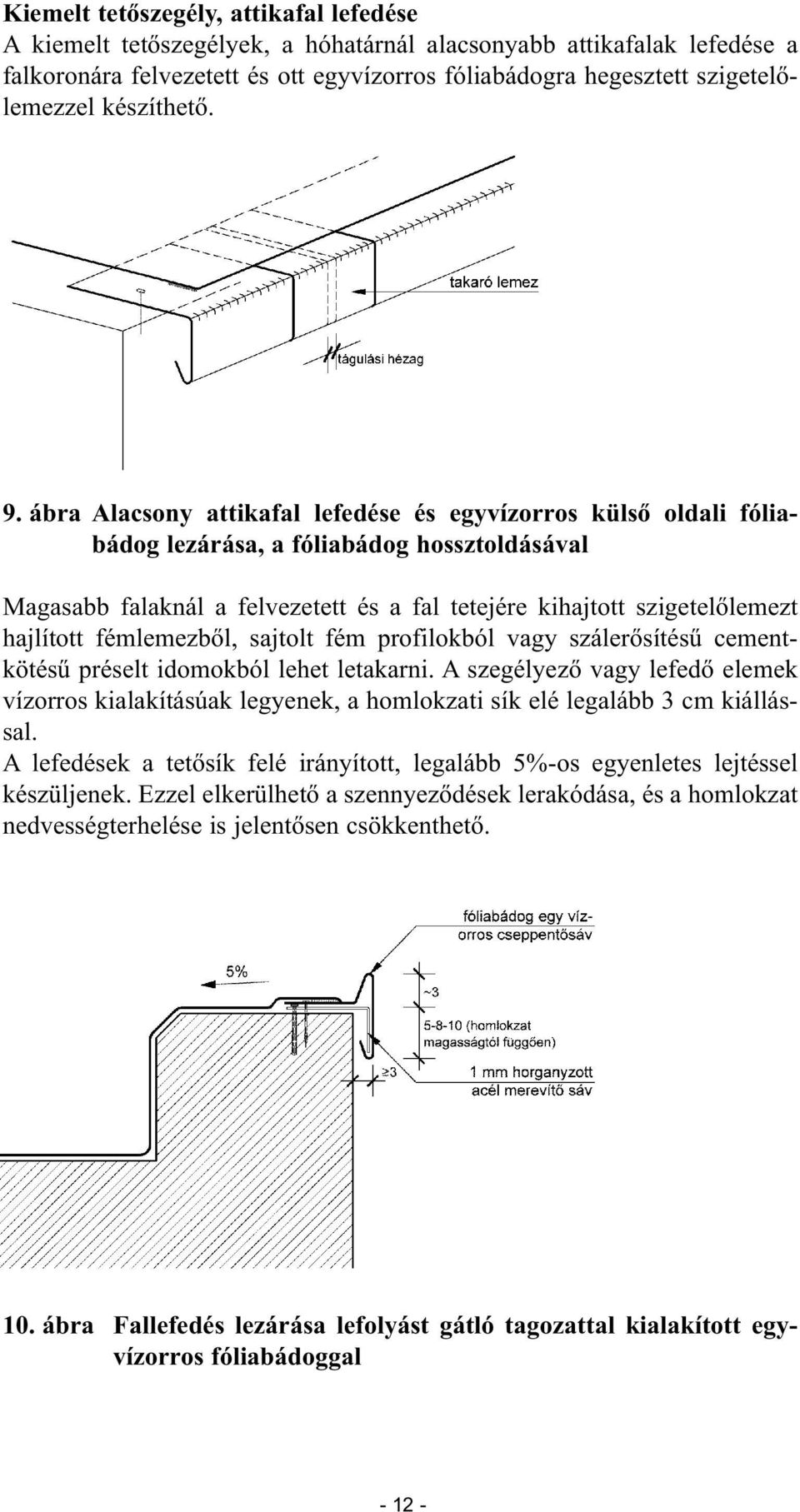 ábra Alacsony attikafal lefedése és egyvízorros külső oldali fóliabádog lezárása, a fóliabádog hossztoldásával Magasabb falaknál a felvezetett és a fal tetejére kihajtott szigetelőlemezt hajlított