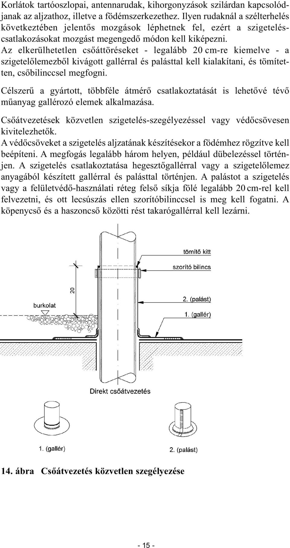 Az elkerülhetetlen csőáttöréseket - legalább 20 cm-re kiemelve - a szigetelőlemezből kivágott gallérral és palásttal kell kialakítani, és tömítetten, csőbilinccsel megfogni.