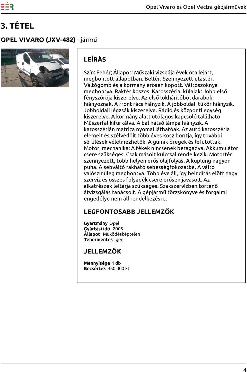 Jobboldali légzsák kiszerelve. Rádió és központi egység kiszerelve. A kormány alatt utólagos kapcsoló található. Műszerfal kifurkálva. A bal hátsó lámpa hiányzik.