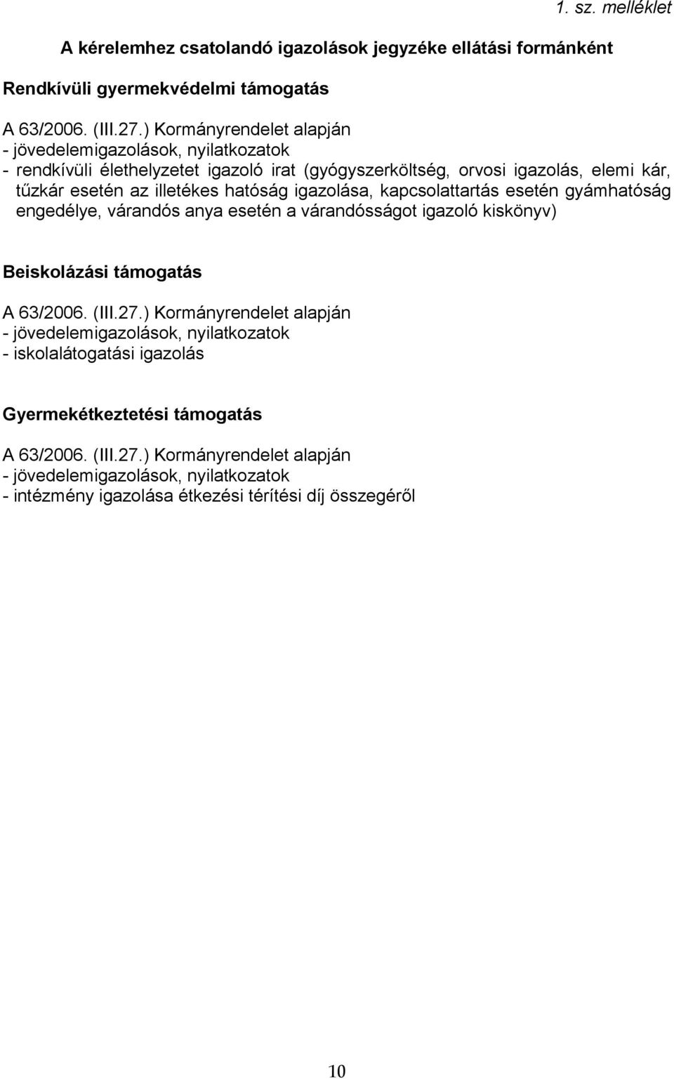 hatóság igazolása, kapcsolattartás esetén gyámhatóság engedélye, várandós anya esetén a várandósságot igazoló kiskönyv) Beiskolázási támogatás A 63/2006. (III.27.