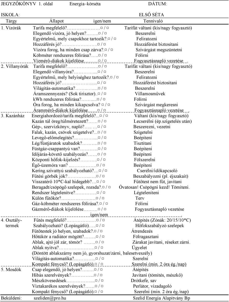 . / Szivárgást megszüntetni Köbméter rendszeres fölírása?.. / Fölírni Vízmérő-diákok kijelölése / Fogyasztásnapló vezetése. 2. Villanyórák Tarifa megfelelő?