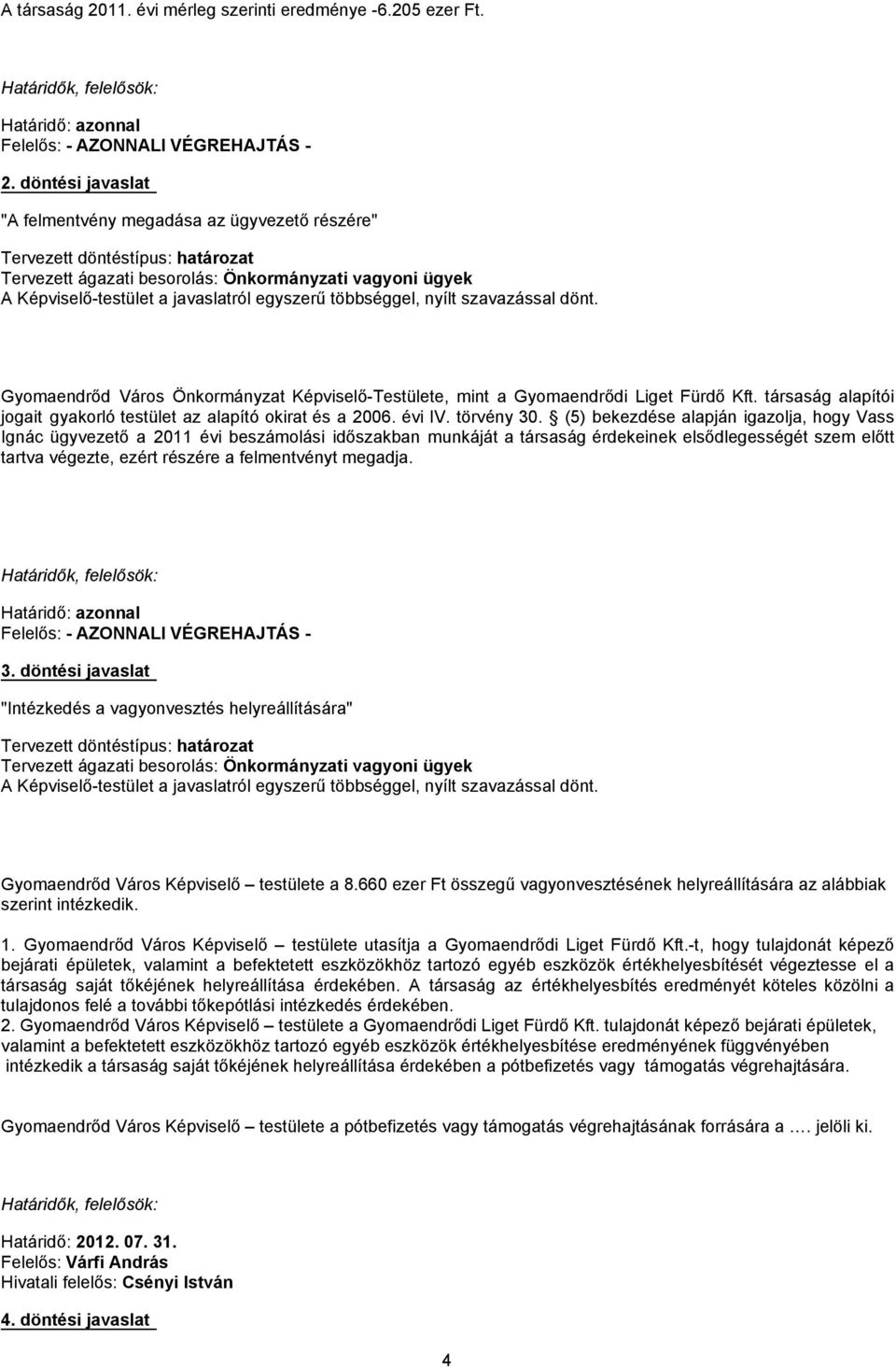 többséggel, nyílt szavazással dönt. Gyomaendrőd Város Önkormányzat Képviselő-Testülete, mint a Gyomaendrődi Liget Fürdő Kft. társaság alapítói jogait gyakorló testület az alapító okirat és a 2006.