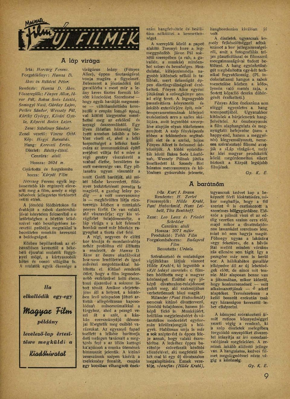 Főszereplők: Fényes Alice, Jávor Pál, Baksa Soós László, Somogyi Nusi, Gárday Lajos, Pethes Sándor, Wessely Pál, Kürthy György, Kővári Gyula, Köpeczi Boócz Lajos. Zene: Szlatinay Sándor.