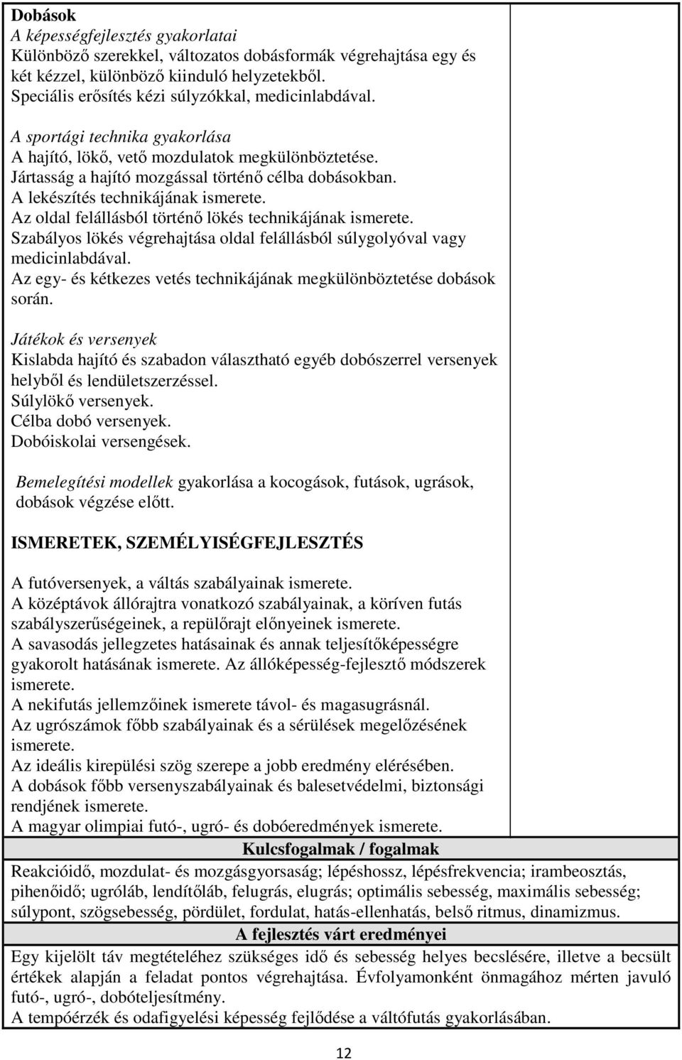 A lekészítés technikájának ismerete. Az oldal felállásból történő lökés technikájának ismerete. Szabályos lökés végrehajtása oldal felállásból súlygolyóval vagy medicinlabdával.