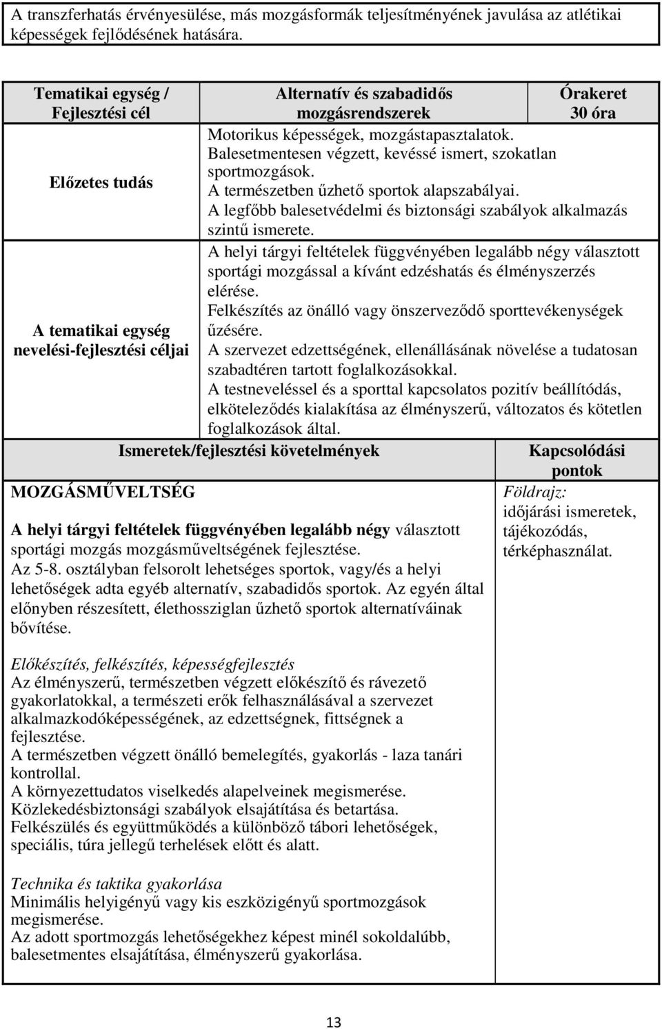 mozgástapasztalatok. Balesetmentesen végzett, kevéssé ismert, szokatlan sportmozgások. A természetben űzhető sportok alapszabályai.